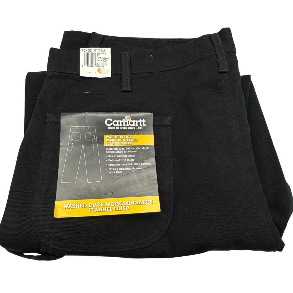 Carhartt B111 BLK Washed Duck Work Dungaree Flannel Lined‎ Black Mens 40x32 NWT